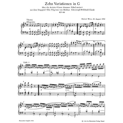 MOZART W. A.: "UNSER DUMMER POBEL MEINT" - 10 VARIATIONS IN G MAJ KV455 URTEXT