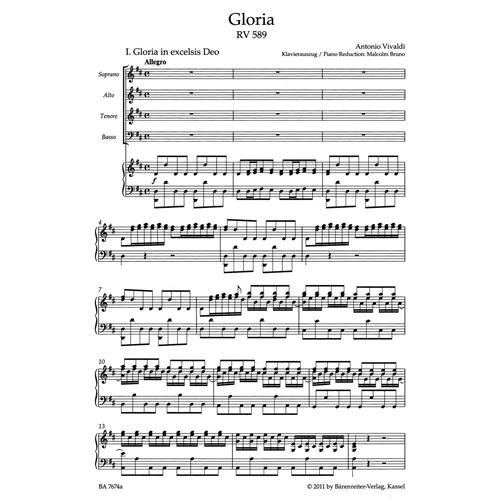 VIVALDI A.: GLORIA RV589 CORO SATB RID. PIANO - URTEXT