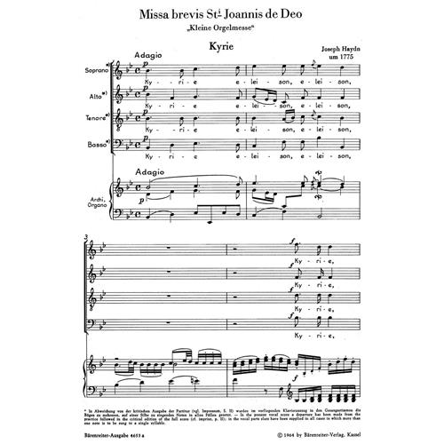 HAYDN F. J.: MISSA BREVIS STI JOANNIS DE DEO - LITTLE ORGAN MASS HOB. XXII:7 - VOCAL SCORE C-PF URTEXT