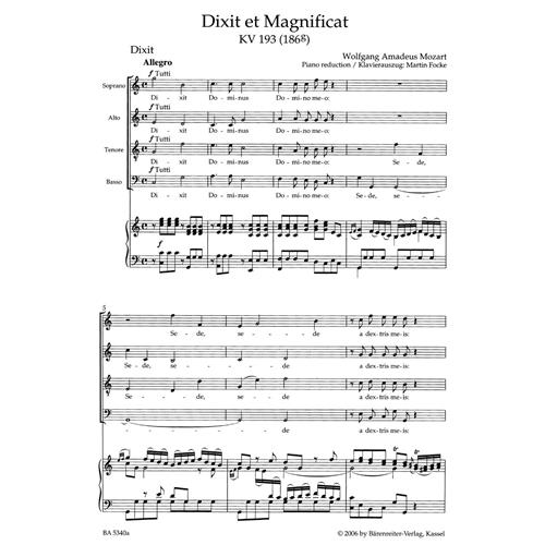 MOZART W. A.: DIXIT ET MAGNIFICAT KV 193 (186G)- VOCAL SCORE C-PF URTEXT