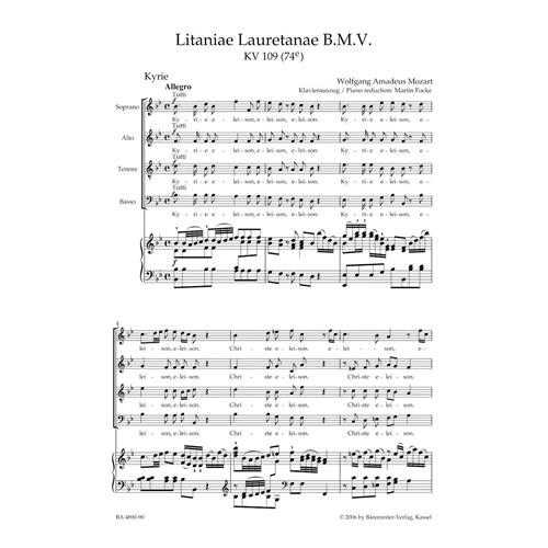 MOZART W. A.: LITANIAE LAURETANEA B. M. V. IN B-FLAT MAJOR KV 109 (74E)- VOCAL SCORE C-PF URTEXT