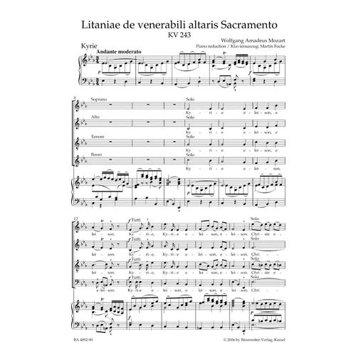MOZART W. A.: LITANIAE DE VENERABILI ALTARIS SACRAMENTO IN E-FLAT MAJOR KV 243- VOCAL SCORE C-PF URTEXT